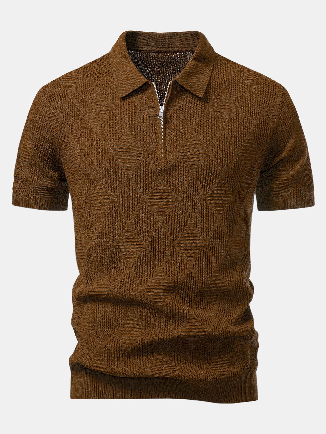 Rhombus Textured Zip Up Knitted Polo Shirt & Slim Fit Tapered Trousers