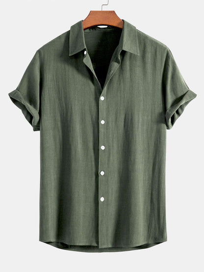 Linen Rayon Blend Button Up Shirt & Crinkled Textured Drawstring Shorts