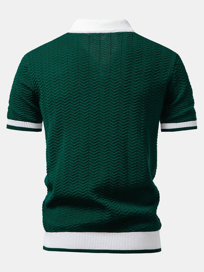 Texture Contrast Knitted V Neck Polo Shirt & Straight Leg Ribbed Pants