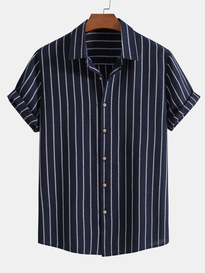 Cotton Blend Striped Button Up Shirt & Straight Leg Linen Pants